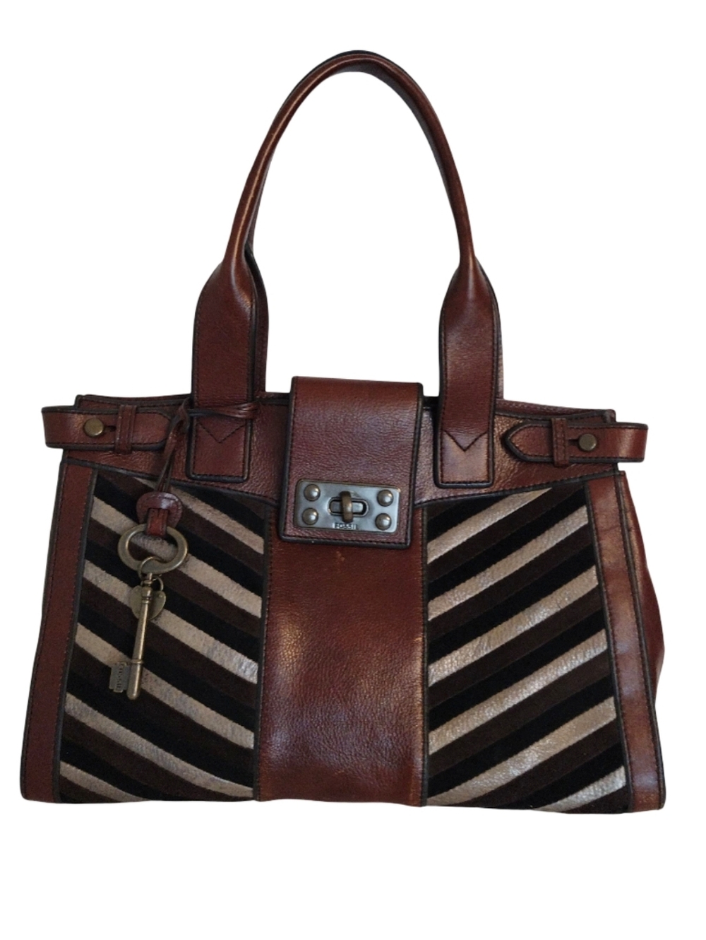 Fossil Vintage Reissue Shoulder Bag Brown Leather And Suede Chevron Stripes Tote